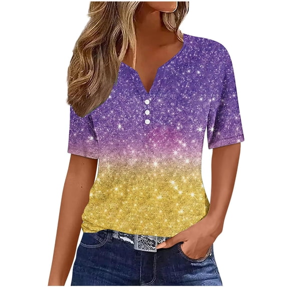 Jewelreauty Women Casual Short Sleeve T Shirts Summer V Neck Button Lightweight Tops Basic Tunic Tee Blouses (2XL, Yellow)