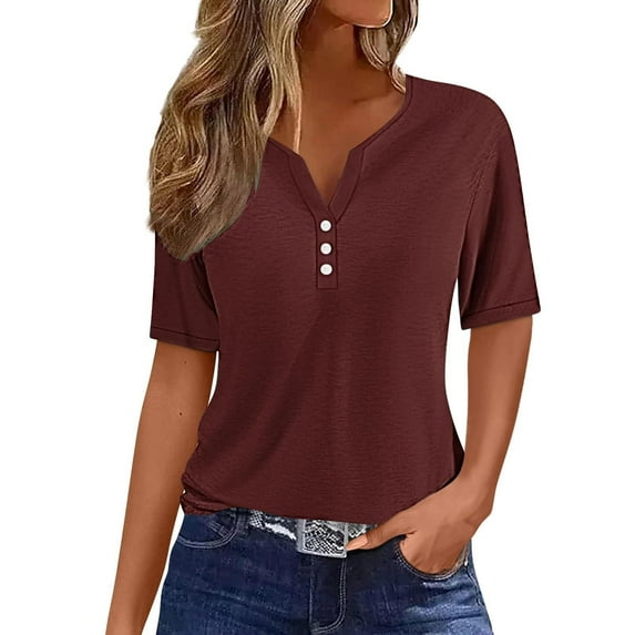 Jewelreauty Women Casual Short Sleeve T Shirts Summer V Neck Button Lightweight Tops Basic Tunic Tee Blouses (XL, Brown)