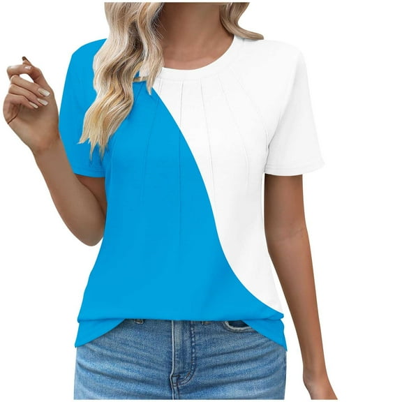 Jewelreauty Women Casual Summer T-Shirts Short Sleeve Crewneck Tunic Pleated Tops Loose Striped Blouses (3XL, Blue)