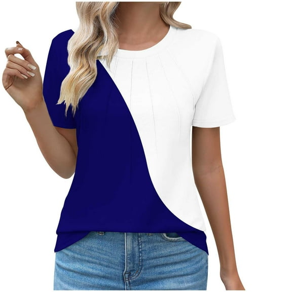 Jewelreauty Women Casual Summer T-Shirts Short Sleeve Crewneck Tunic Pleated Tops Loose Striped Blouses (3XL, Dark Blue)
