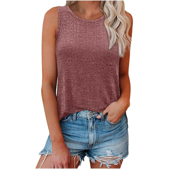 Jewelreauty Women Casual Tank Tops Ribbed Knit Summer Round Neck Loose Fit Tunics Sleeveless Basic Tees (S, Wine Red)