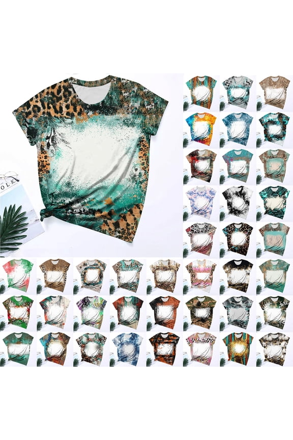 Women Casual Tie-Dye Short Sleeve Shirts Round Neck Leopard Print Tops Summer Trendy Tunic Tee (2XL, Green)