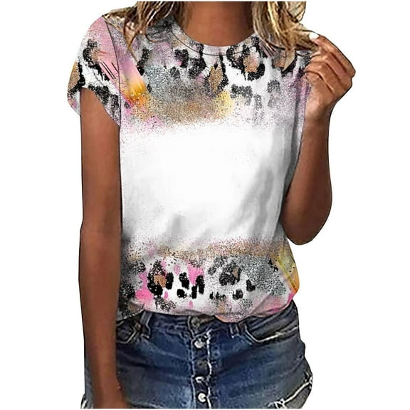 Jewelreauty Women Casual Tie-Dye Short Sleeve Shirts Round Neck Leopard Print Tops Summer Trendy Tunic Tee (L, Pink)