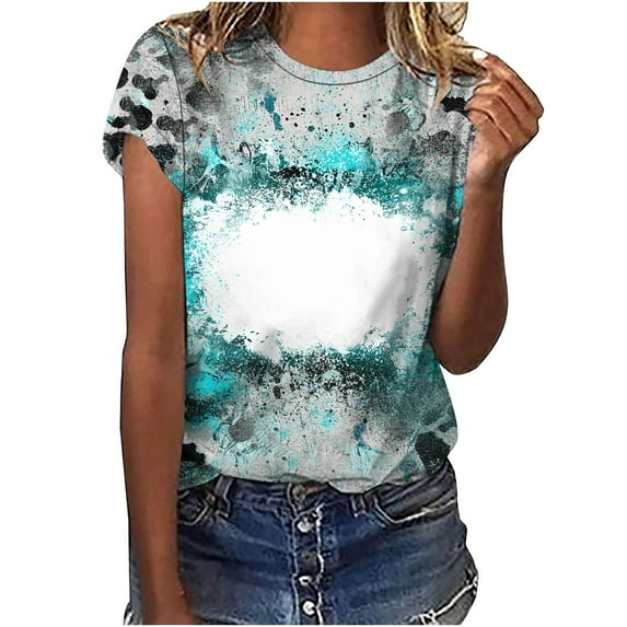 Jewelreauty Women Casual Tie-Dye Short Sleeve Shirts Round Neck Leopard Print Tops Summer Trendy Tunic Tee (M, Gray)