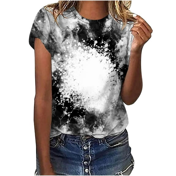 Jewelreauty Women Casual Tie-Dye Short Sleeve Shirts Round Neck Leopard Print Tops Summer Trendy Tunic Tee (XL, Black)