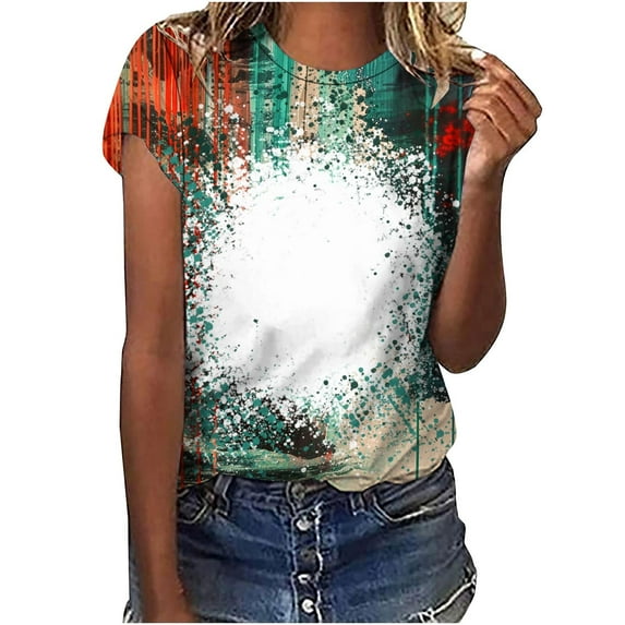 Jewelreauty Women Casual Tie-Dye Short Sleeve Shirts Round Neck Leopard Print Tops Summer Trendy Tunic Tee (XL, Multicolor)