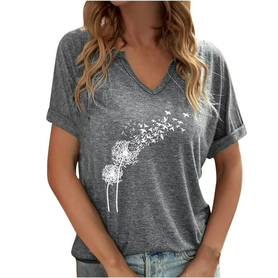 Jewelreauty Women Casual V Neck Shirt Summer Short Sleeve Graphic Tunic Floral Tops Loose T-Shirt Blouses (S, Gray)