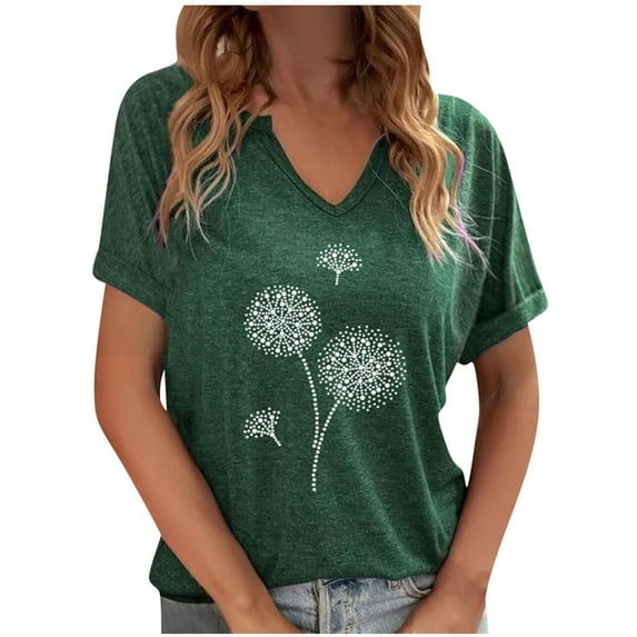 Jewelreauty Women Casual V Neck Shirt Summer Short Sleeve Graphic Tunic Floral Tops Loose T-Shirt Blouses (S, Green)