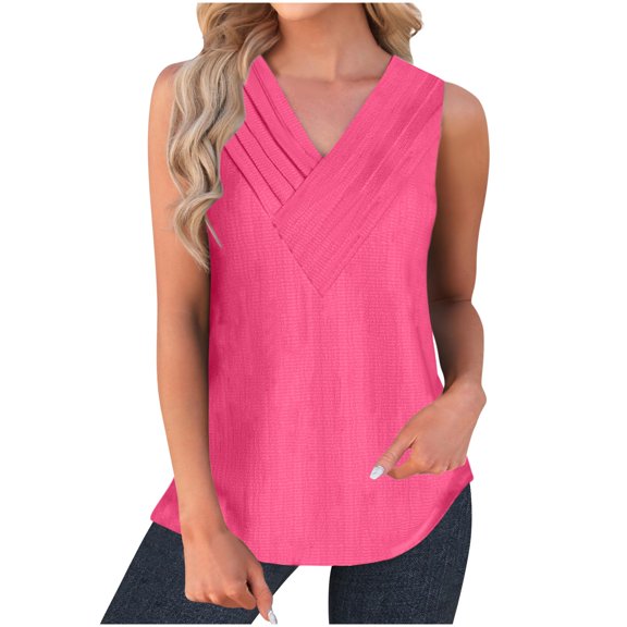 Jewelreauty Women Casual Waffle Tank Tops Summer V Neck Sleeveless Tunic Shirts Loose Fitting Solid Tees (L, Pink)