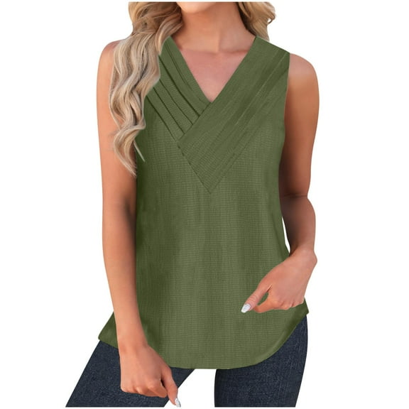 Jewelreauty Women Casual Waffle Tank Tops Summer V Neck Sleeveless Tunic Shirts Loose Fitting Solid Tees (M, Army Green)