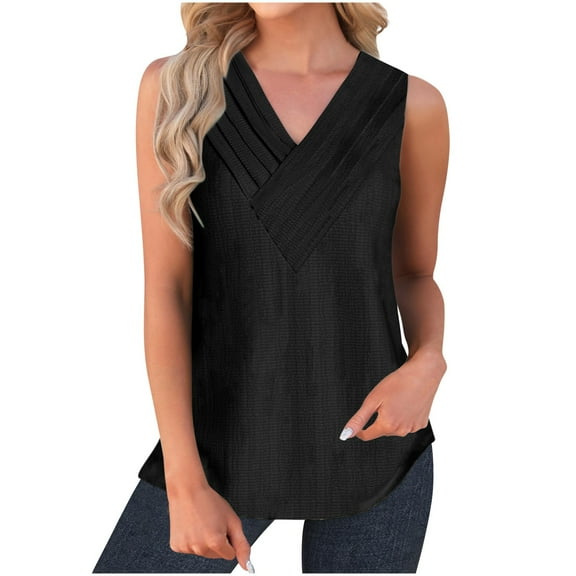 Jewelreauty Women Casual Waffle Tank Tops Summer V Neck Sleeveless Tunic Shirts Loose Fitting Solid Tees (S, Black)