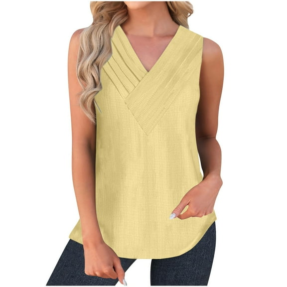 Jewelreauty Women Casual Waffle Tank Tops Summer V Neck Sleeveless Tunic Shirts Loose Fitting Solid Tees (XL, Yellow)