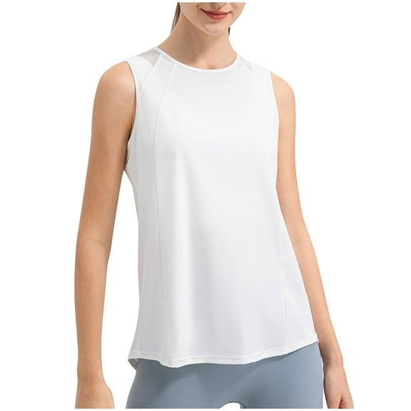 Jewelreauty Women Casual Yoga Tank Tops Summer Crew Neck Sleeveless Workout Gym Blouses Solid Athletic Tee (L, White)