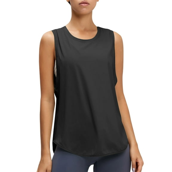 Jewelreauty Women Casual Yoga Tank Tops Summer Round Neck Slit Back Workout Gym Blouses Solid Athletic Tee (L, Black)