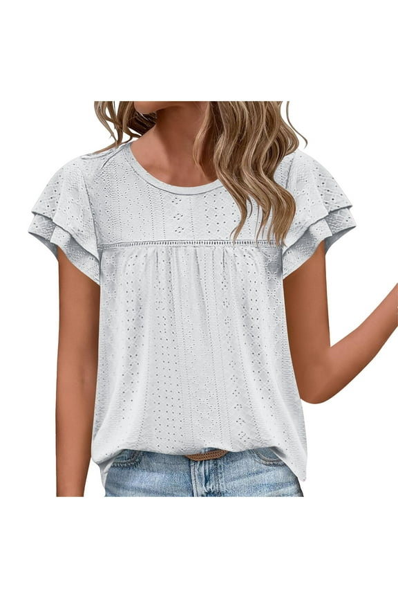 Women Crew Neck Eyelet Tops Casual Flutter Short Sleeve Cute Blouses Summer Loose Fit Shirts (2XL, White)