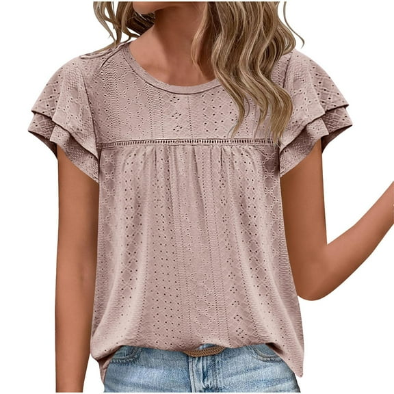Jewelreauty Women Crew Neck Eyelet Tops Casual Flutter Short Sleeve Cute Blouses Summer Loose Fit Shirts (M, Pink)
