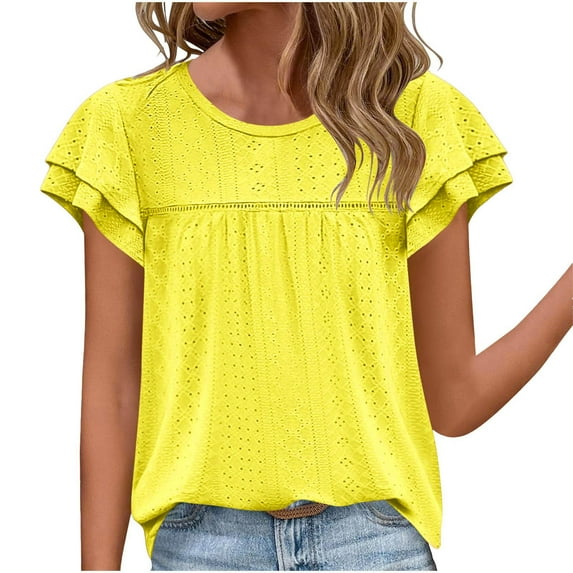 Jewelreauty Women Crew Neck Eyelet Tops Casual Flutter Short Sleeve Cute Blouses Summer Loose Fit Shirts (S, Yellow)
