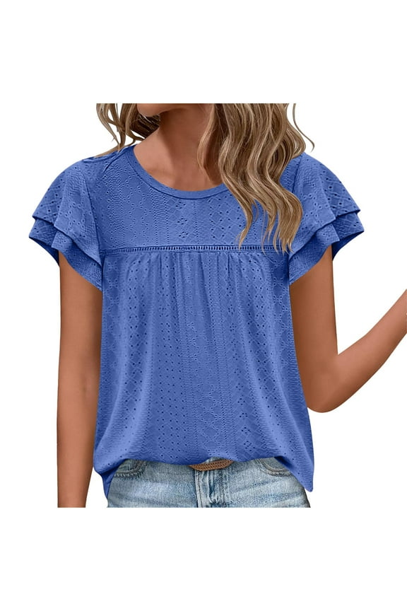 Women Crew Neck Eyelet Tops Casual Flutter Short Sleeve Cute Blouses Summer Loose Fit Shirts (XL, Blue)