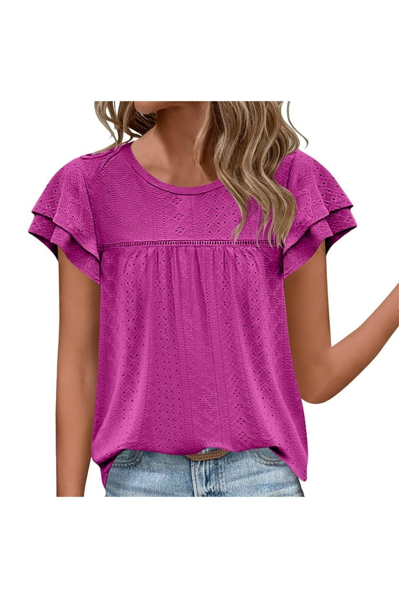 Women Crew Neck Eyelet Tops Casual Flutter Short Sleeve Cute Blouses Summer Loose Fit Shirts (XL, Hot Pink)