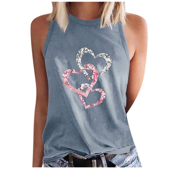 Jewelreauty Women Crew Neck Tank Tops Casual Sleeveless Cute Heart Print T-Shirts Summer Loose Lightweight Tee (2XL, C Gray)