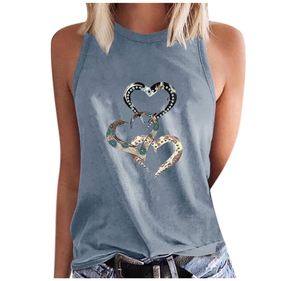 Jewelreauty Women Crew Neck Tank Tops Casual Sleeveless Cute Heart Print T-Shirts Summer Loose Lightweight Tee (XL, D Gray)