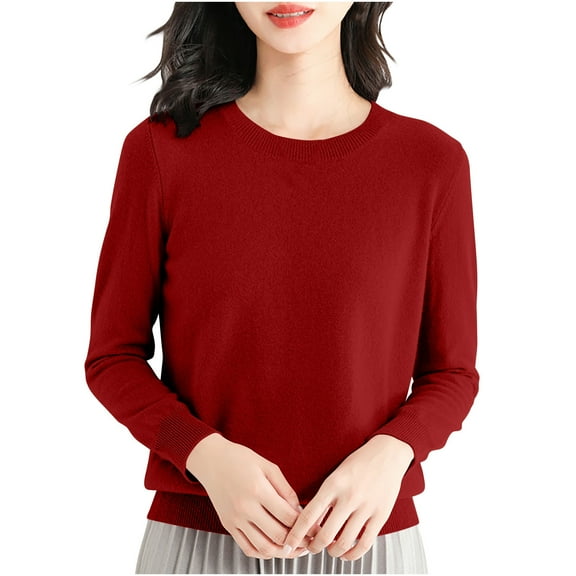 Jewelreauty Women Crewneck Long Sleeve T-Shirts Solid Color Pullover Basic Shirts Casual Cozy Blouses Tee (L, Red)