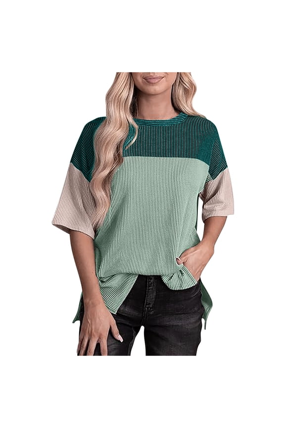 Women Elbow Length Ribbed Knit Tops Casual Crewneck Side Slit Shirts Summer Oversized Blouses (2XL, Green)