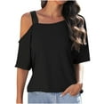thumbnail image 1 of Jewelreauty Women Elbow Length Shirts Casual One Shoulder Solid Color Blouses Tee Summer Loose Tunic Tops (L, Black), 1 of 8