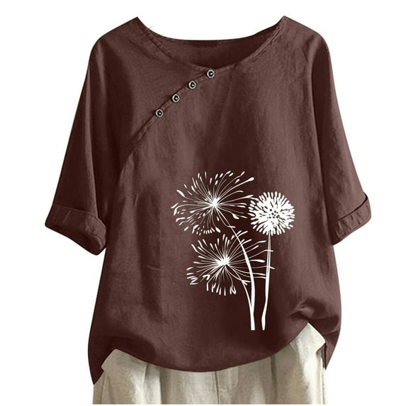 Jewelreauty Women Elbow Length Tops Round Neck Button Floral Blouses Summer Casual Loose Tee