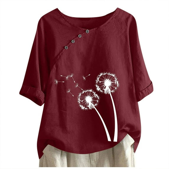 Jewelreauty Women Elbow Length Tops Round Neck Button Floral Blouses Summer Casual Loose Tee