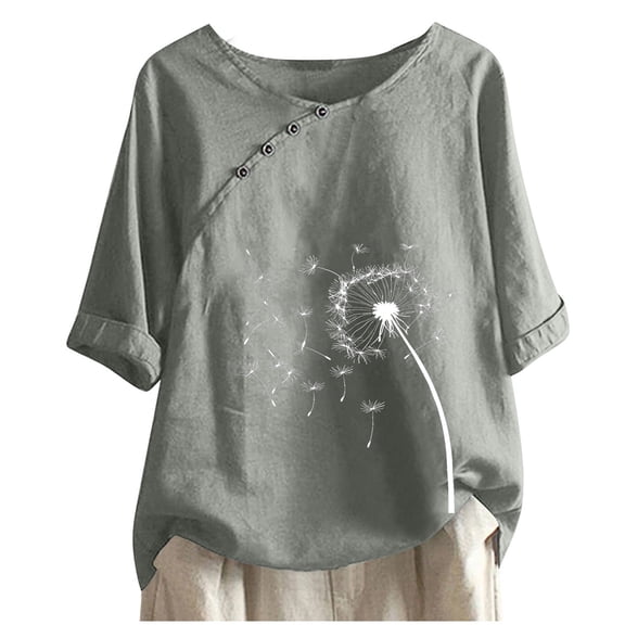 Jewelreauty Women Elbow Length Tops Round Neck Button Floral Blouses Summer Casual Loose Tee