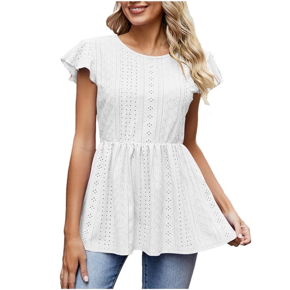 Jewelreauty Women Eyelet Peplum Tops Casual Ruffle Short Sleeve Round Neck Blouse Summer Solid Shirt