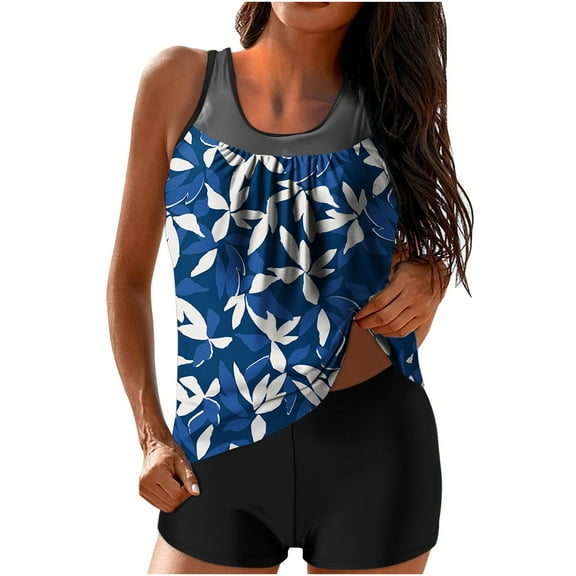 Jewelreauty Women Floral Tankini Swimsuit Two Piece Bathing Suits Modest Tankini Tops with Boy Shorts Summer (XL, Blue)