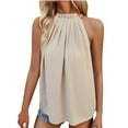 thumbnail image 1 of Jewelreauty Women Halter Neck Ruched Tank Tops Casual Sleeveless Tunic Tee Summer Loose Fitting Solid Shirts (L, Khaki), 1 of 7