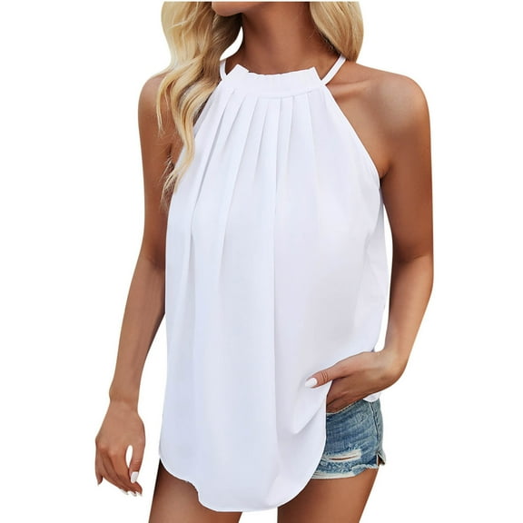 Jewelreauty Women Halter Neck Ruched Tank Tops Casual Sleeveless Tunic Tee Summer Loose Fitting Solid Shirts (M, White)