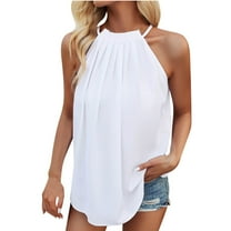 Jewelreauty Women Halter Neck Ruched Tank Tops Casual Sleeveless Tunic Tee Summer Loose Fitting Solid Shirts (S, White)