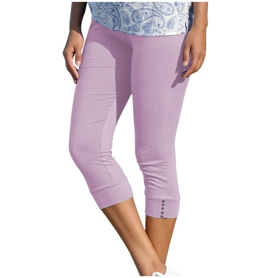 Jewelreauty Women High Waisted Capris Leggings Solid Workout Stretch Yoga Capris Pull On Slim-Leg Button Pants (L, Purple)