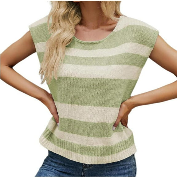 Jewelreauty Women Knit Striped Shirts Crewneck Cap Sleeve Casual Trendy Blouses Summer Loose Going Out Tops (L, Green)