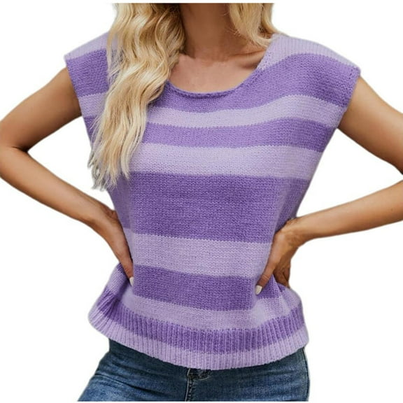 Jewelreauty Women Knit Striped Shirts Crewneck Cap Sleeve Casual Trendy Blouses Summer Loose Going Out Tops (XL, Purple)