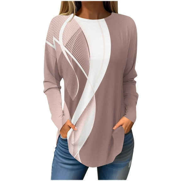 Jewelreauty Women Long Sleeve Graphic Shirts Curved Hem Cozy Pullover Crewneck Tops Plus Size Loose Casual Blouses (L, Pink)