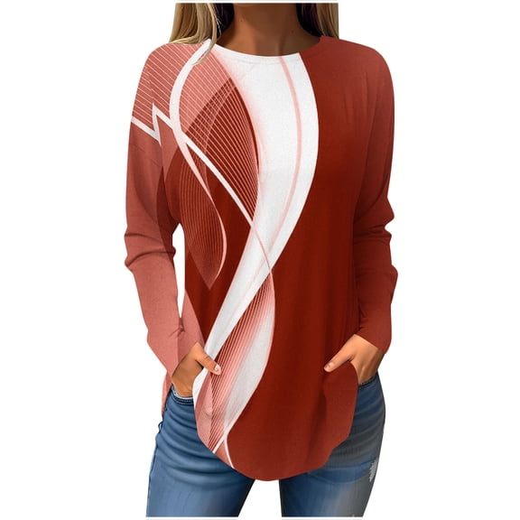 Jewelreauty Women Long Sleeve Graphic Shirts Curved Hem Cozy Pullover Crewneck Tops Plus Size Loose Casual Blouses (2XL, Red)