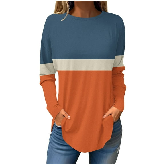 Jewelreauty Women Long Sleeve Patchwork Shirts Curved Hem Pullover Crewneck Tops Plus Size Loose Casual Blouses (2XL, Orange)