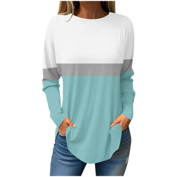 Jewelreauty Women Long Sleeve Patchwork Shirts Curved Hem Pullover Crewneck Tops Plus Size Loose Casual Blouses (M, Light Blue)