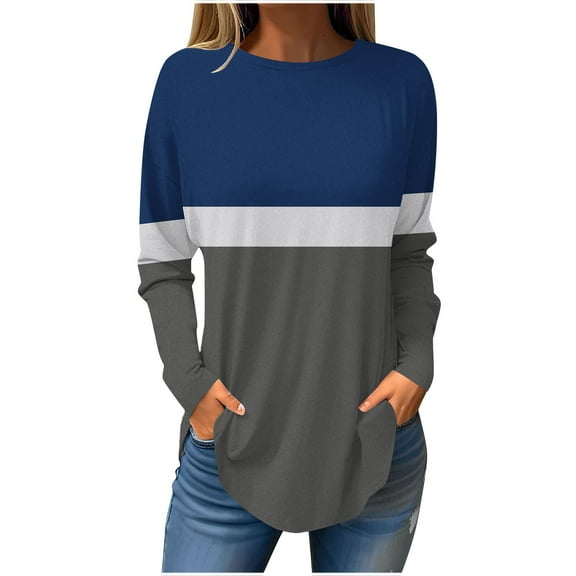 Jewelreauty Women Long Sleeve Patchwork Shirts Curved Hem Pullover Crewneck Tops Plus Size Loose Casual Blouses (S, Blue)