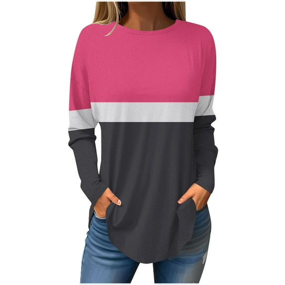 Jewelreauty Women Long Sleeve Patchwork Shirts Curved Hem Pullover Crewneck Tops Plus Size Loose Casual Blouses (S, Hot Pink)