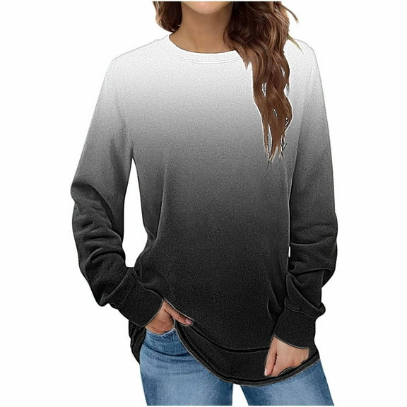 Jewelreauty Women Long Sleeve Shirts Casual Gradient Color Crewneck Pullover Tops Loose Cozy T-Shirts (L, Black)