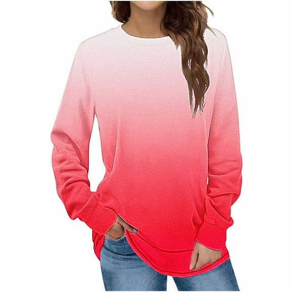 Jewelreauty Women Long Sleeve Shirts Casual Gradient Color Crewneck Pullover Tops Loose Cozy T-Shirts (L, Hot Pink)