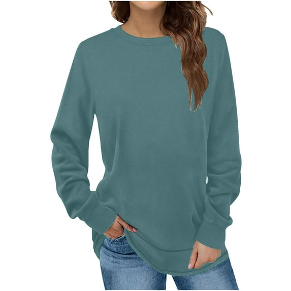 Jewelreauty Women Long Sleeve Shirts Casual Solid Color Round Neck Pullover Tops Loose Cozy T-Shirts (2XL, Green-A)