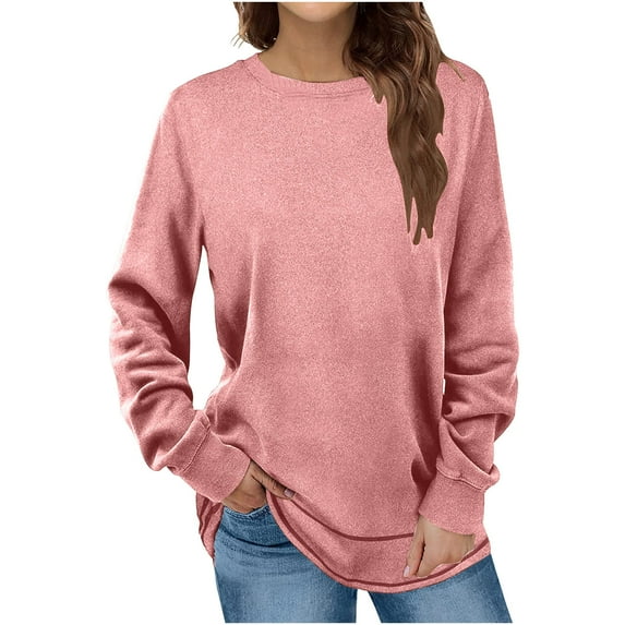 Jewelreauty Women Long Sleeve Shirts Casual Solid Color Round Neck Pullover Tops Loose Cozy T-Shirts (XL, Pink)