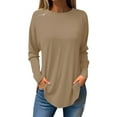 thumbnail image 1 of Jewelreauty Women Long Sleeve Solid Color Shirts Curved Hem Pullover Crewneck Tops Dailywear Lightweight Loose Blouses (M, Khaki), 1 of 5